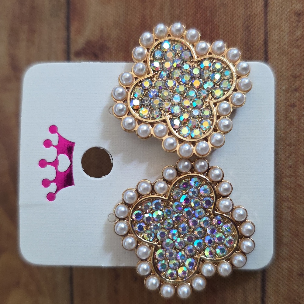 Clover Iridescent Rhinestones with Pearl Boarder Decor Earrings Post Backs